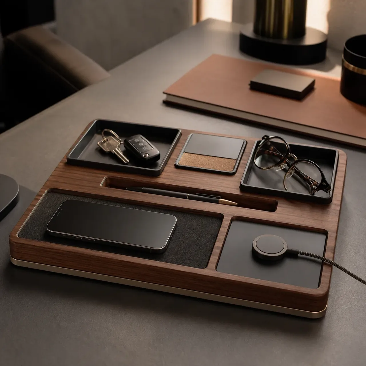 Concept render of the Executive Valet Grid arranged for daily-carry objects