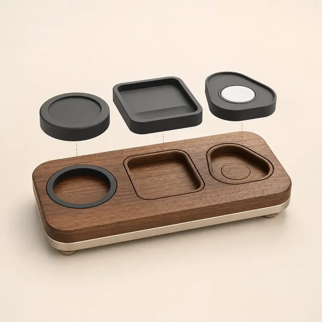 Concept render of replaceable device inserts aligned above a walnut base