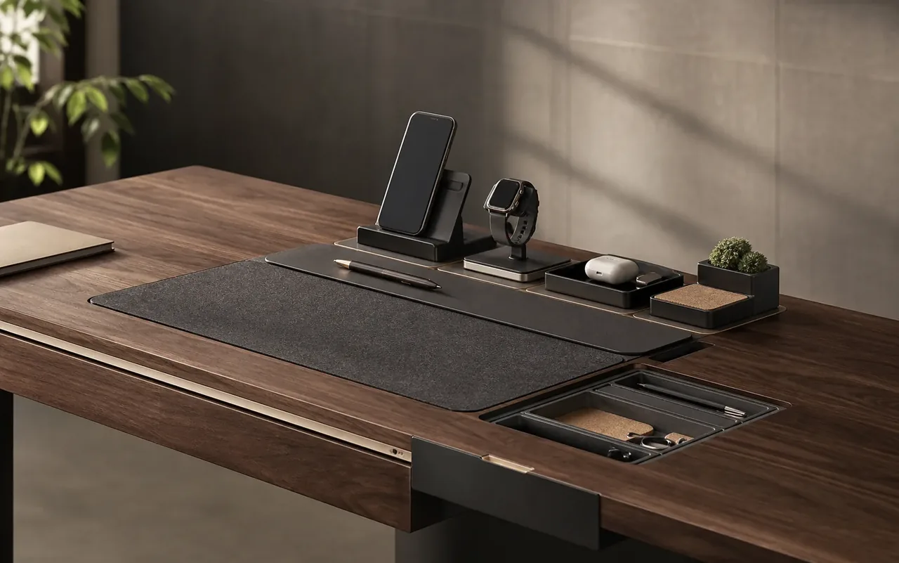Pre-launch concept poster showing a modular premium desk dock system