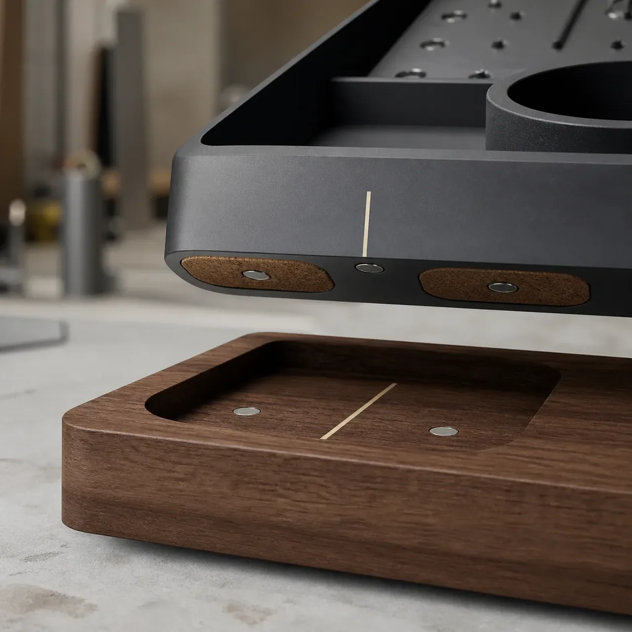 Concept render of a desk module aligning with its walnut magnetic recess