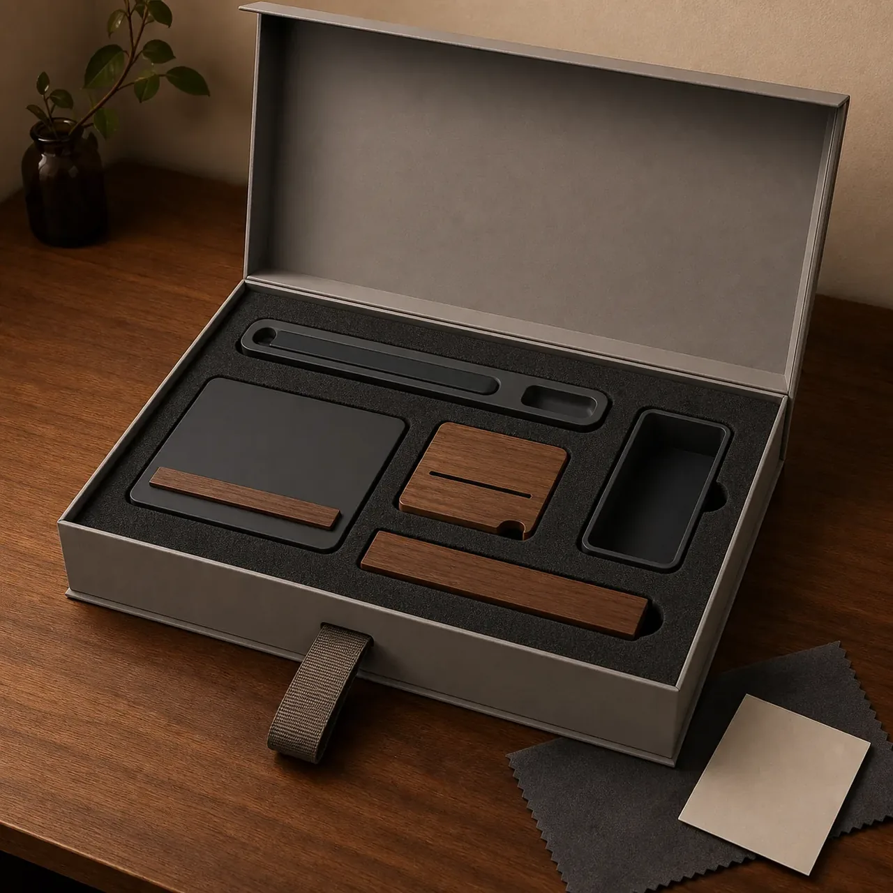 Concept render of a modular walnut desk system protected in fitted packaging