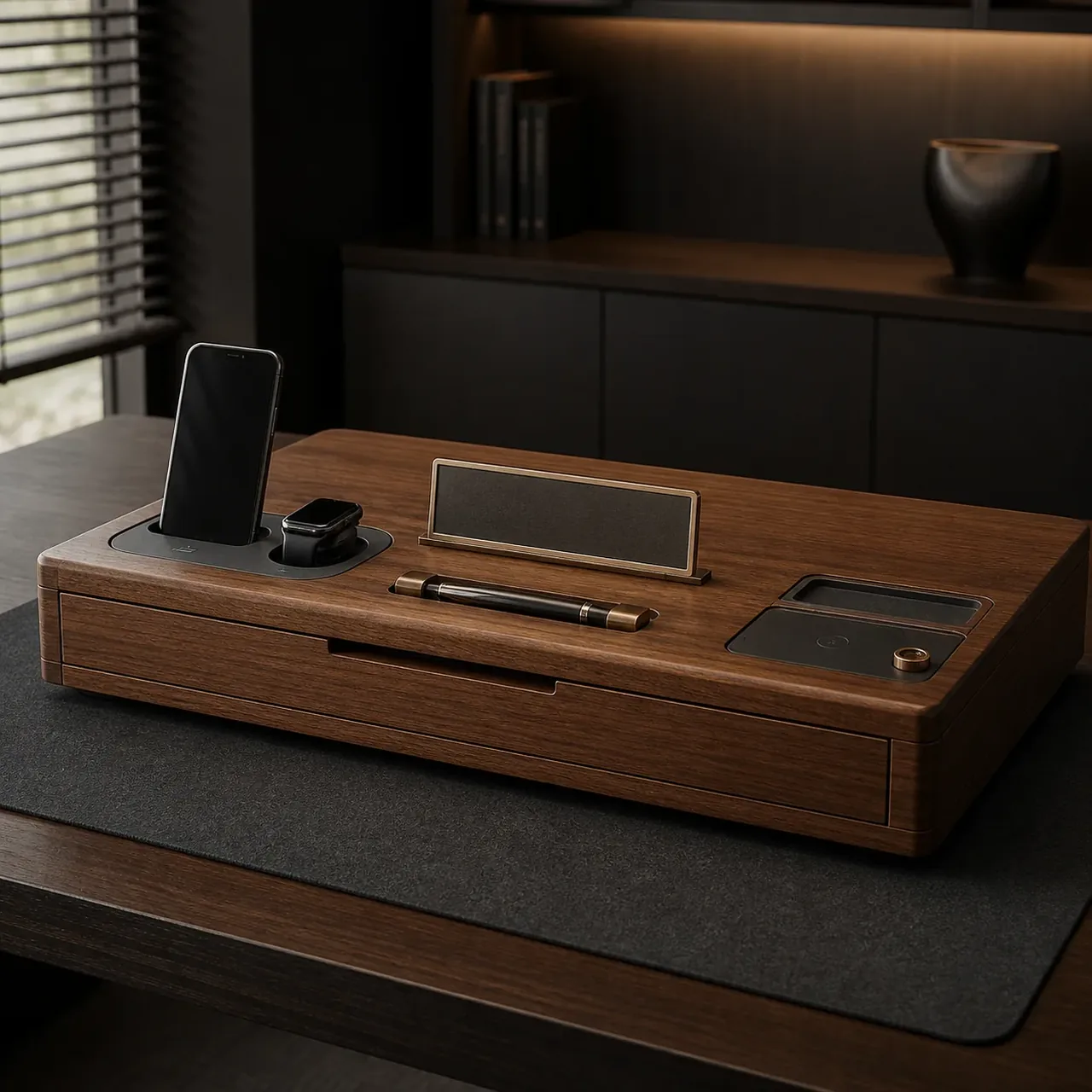 Concept render of the Walnut Drawer Command with its hidden drawer closed