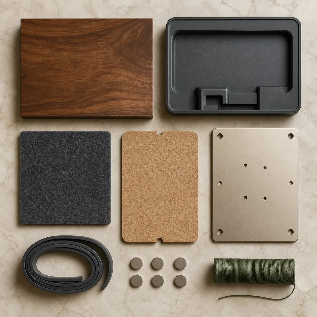 Concept render of walnut, matte graphite, felt, cork and champagne aluminium material samples